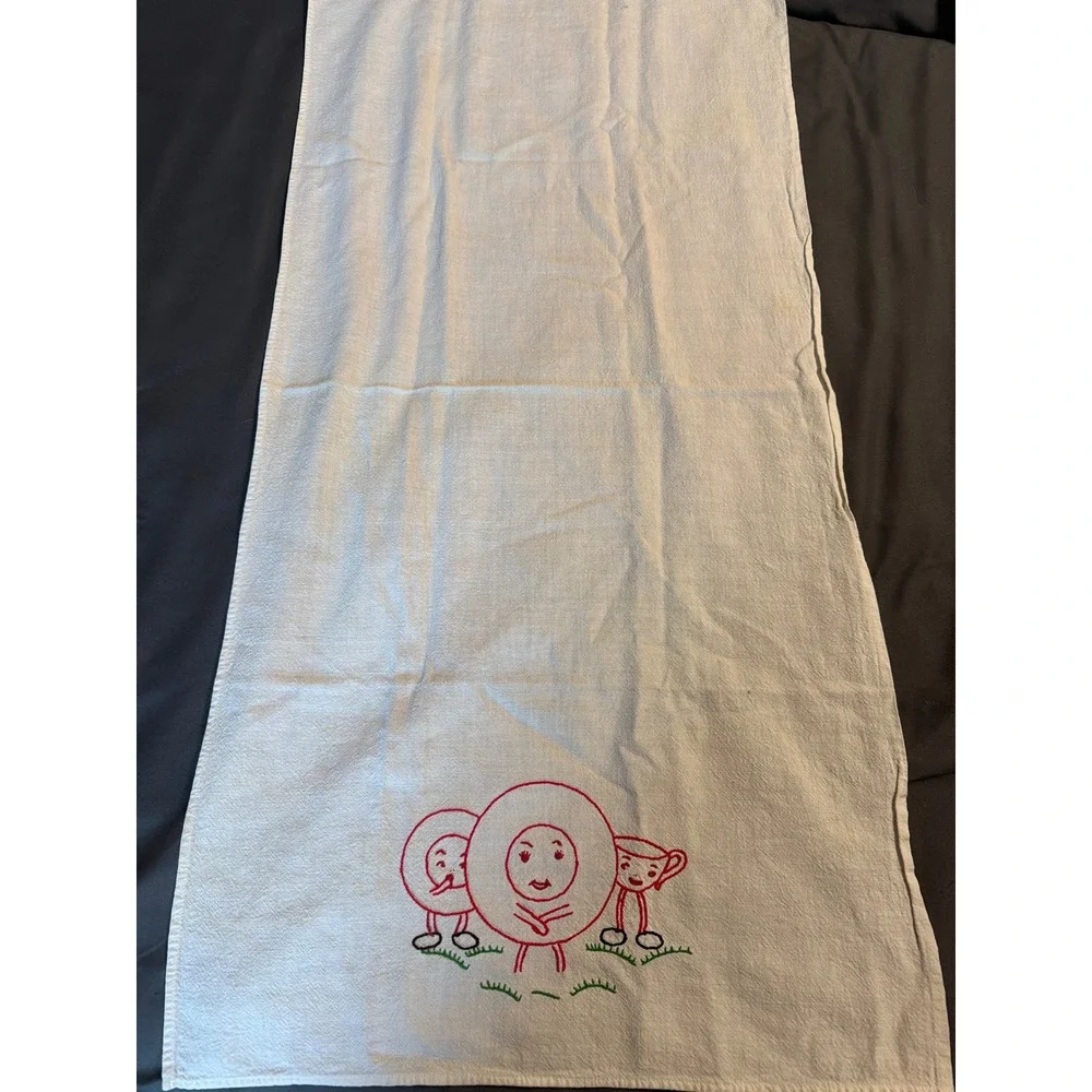 Vintage Hand Embroidered Tea Towel White Cotton Anthropomorphic Plates Teacup